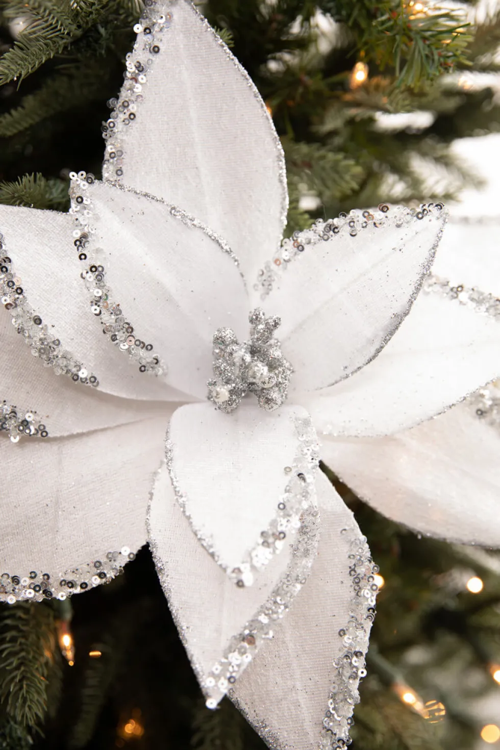 22” x 12" White Velvet Glitter Poinsettia Stem