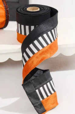 4" x 10 Yard Black and White Striped Halloween Ribbon
