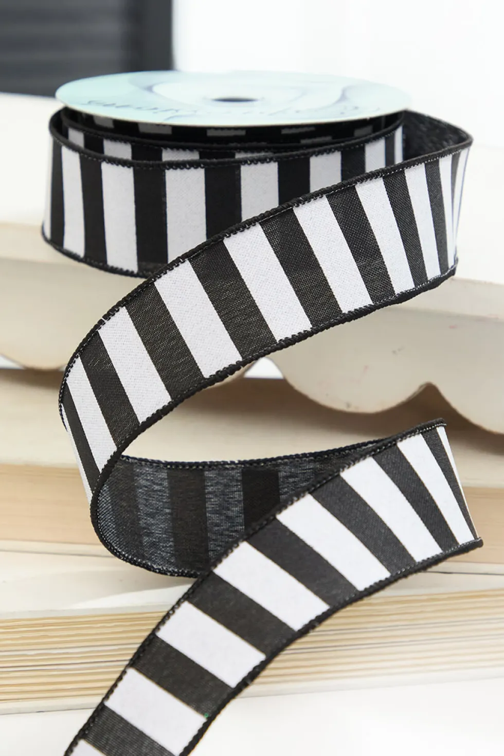 1.5" x 10 Yard Black & White Halloween Stripe Ribbon