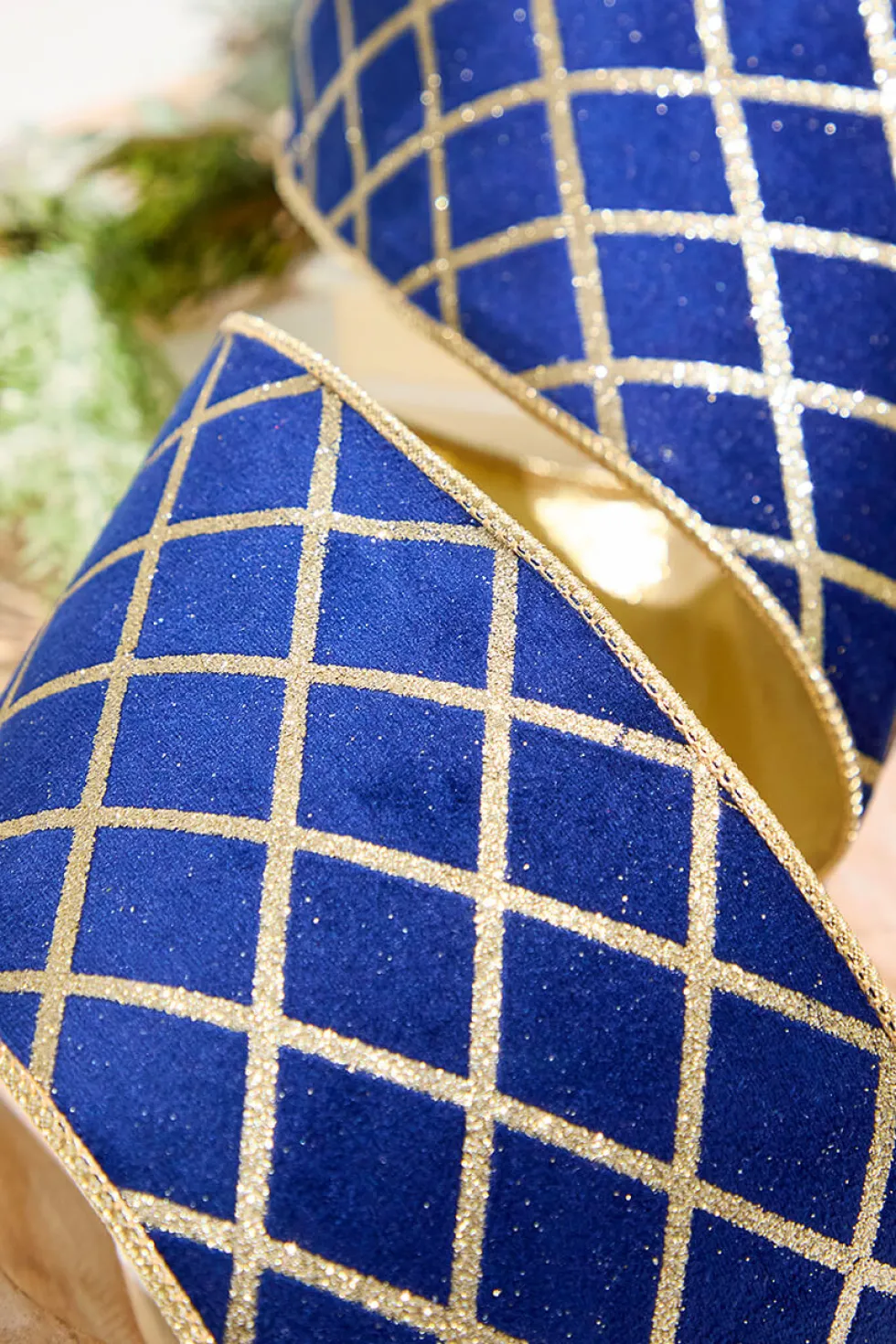 4" x 10 Yard Blue Velvet with Gold Diamond Pattern Ribbon