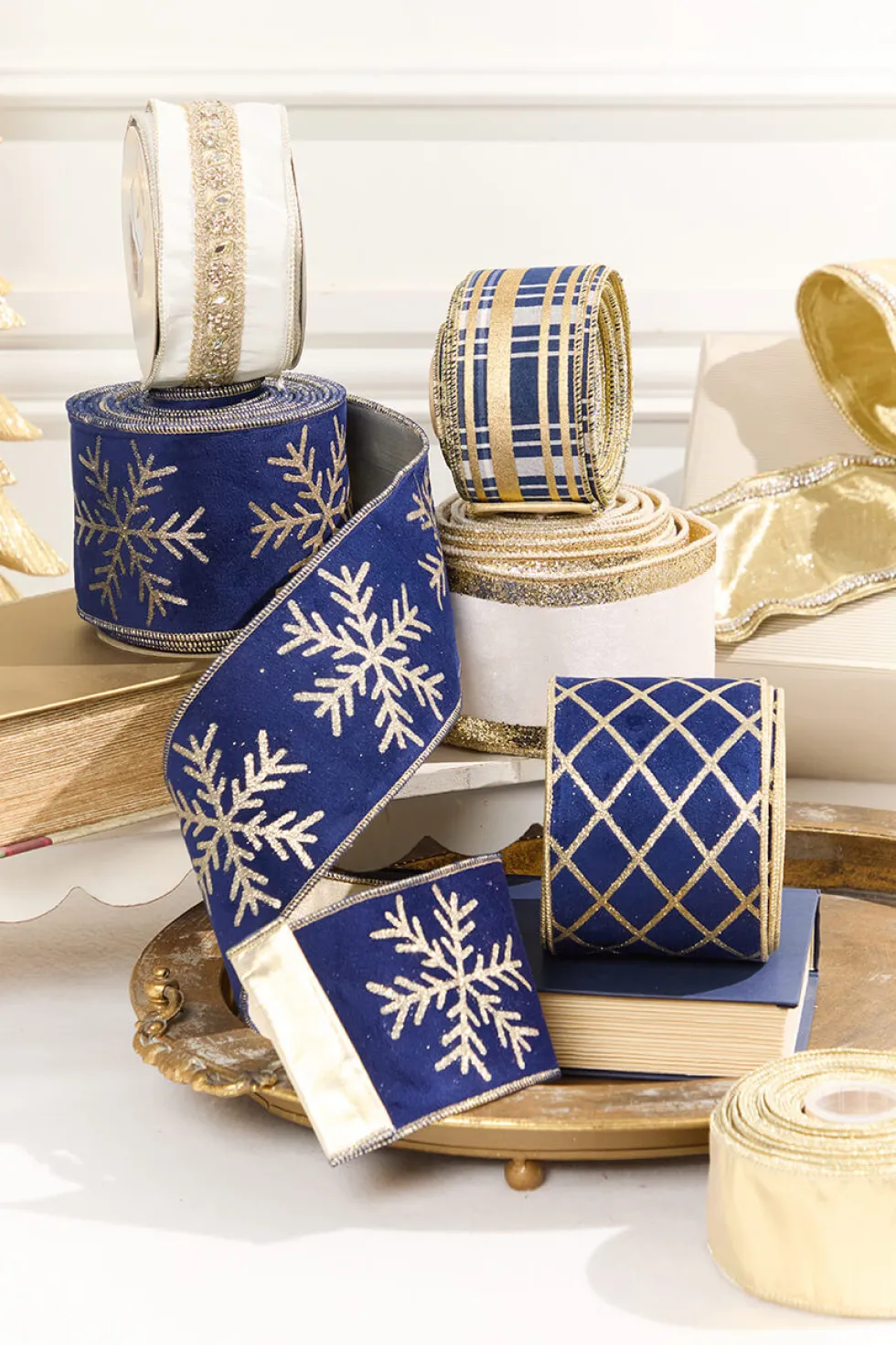 4" x 10 Yard Blue Velvet with Gold Diamond Pattern Ribbon