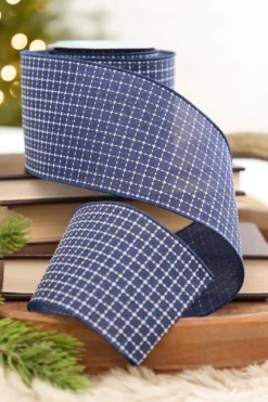 4" x 10 Yard Blue & White Checkered Stitch Ribbon