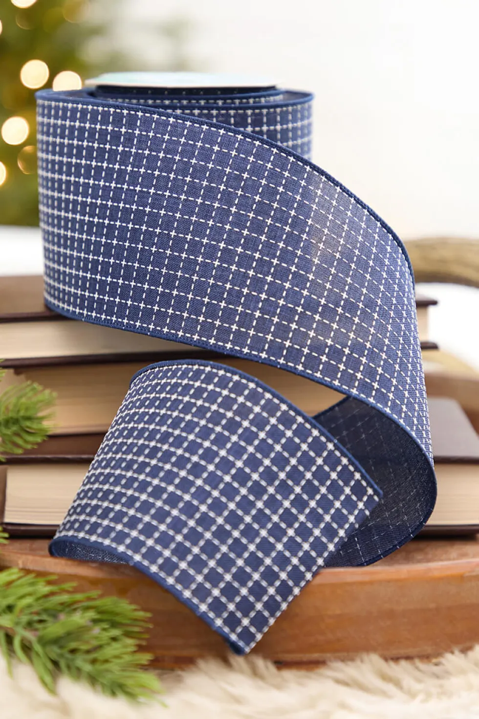 4" x 10 Yard Blue & White Checkered Stitch Ribbon