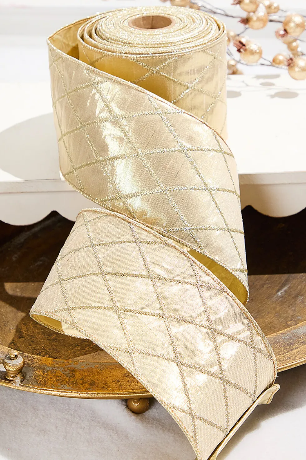 4" x 10 Yard Champagne Gold Quilted Dupion Ribbon