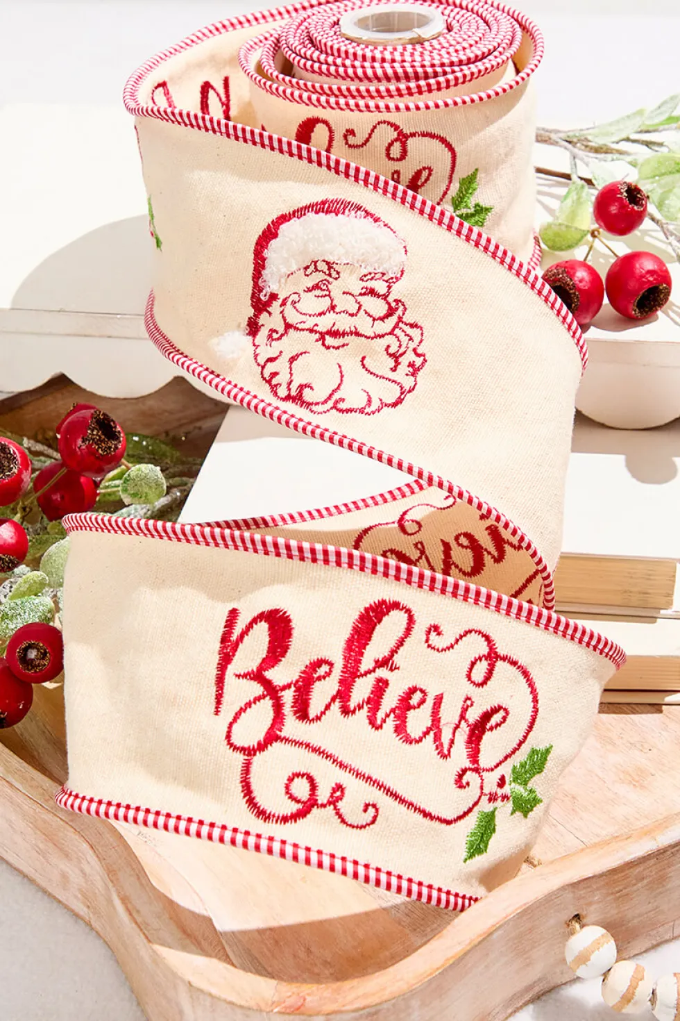 4" x 5 Yard Embroidered Santa Face/Believe Ribbon
