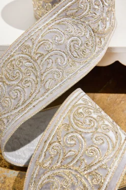 4" x 5 Yard Gold Embroidered Silver Velvet Ribbon