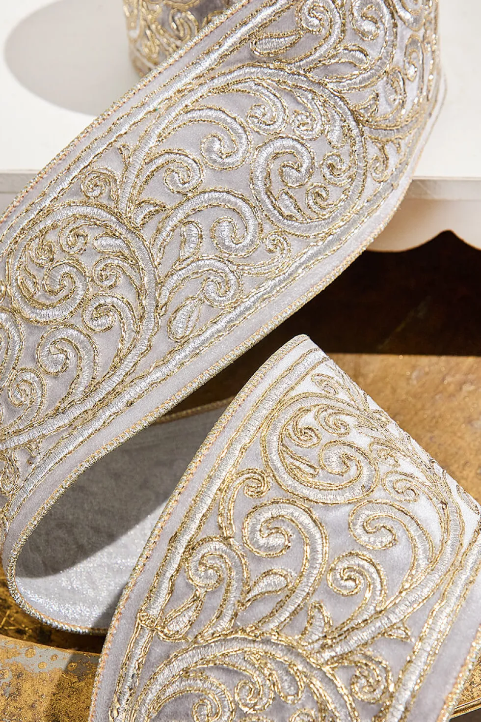 4" x 5 Yard Gold Embroidered Silver Velvet Ribbon