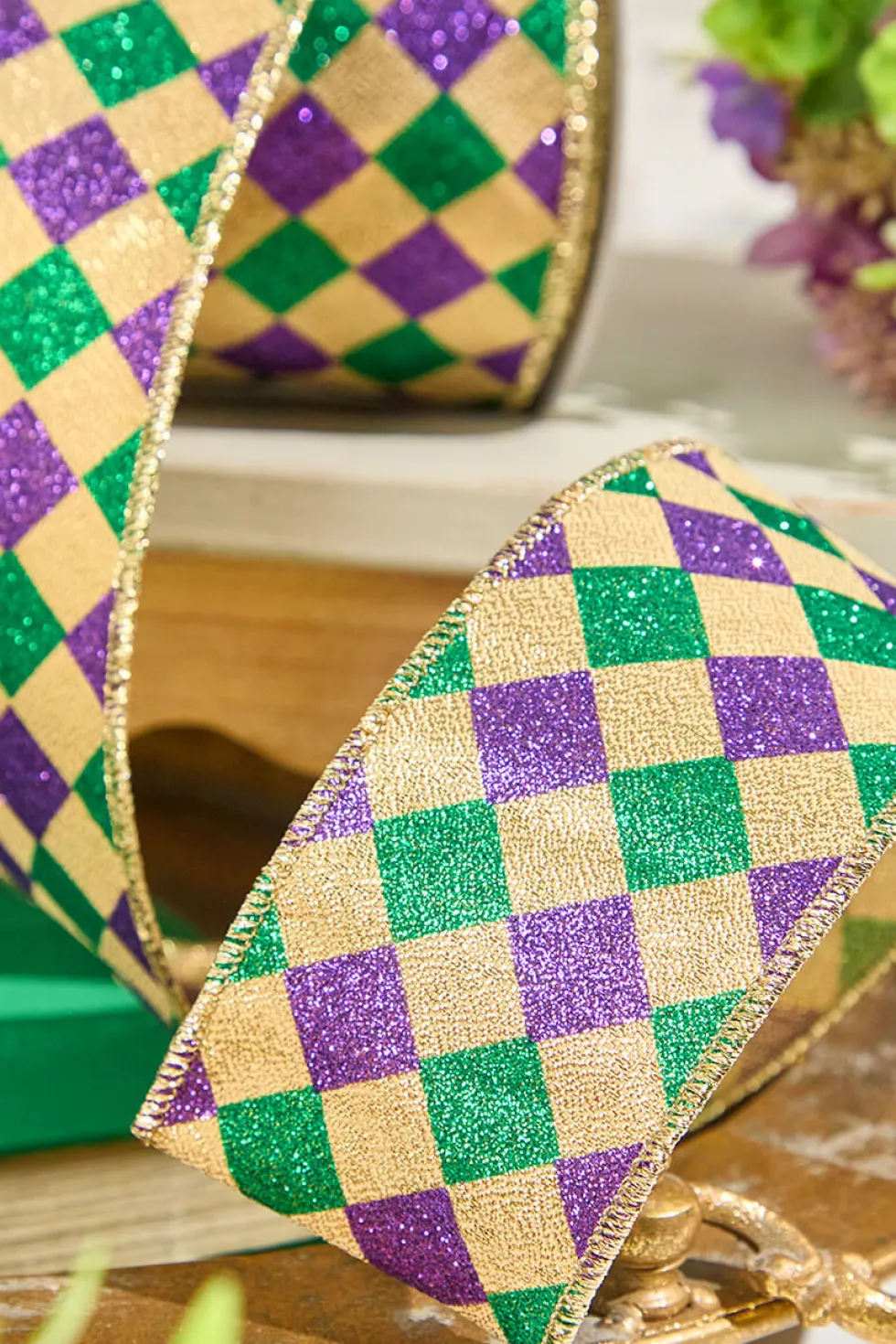 2.5" x 10 Yard Gold, Green & Purple Diamond Patterned Ribbon