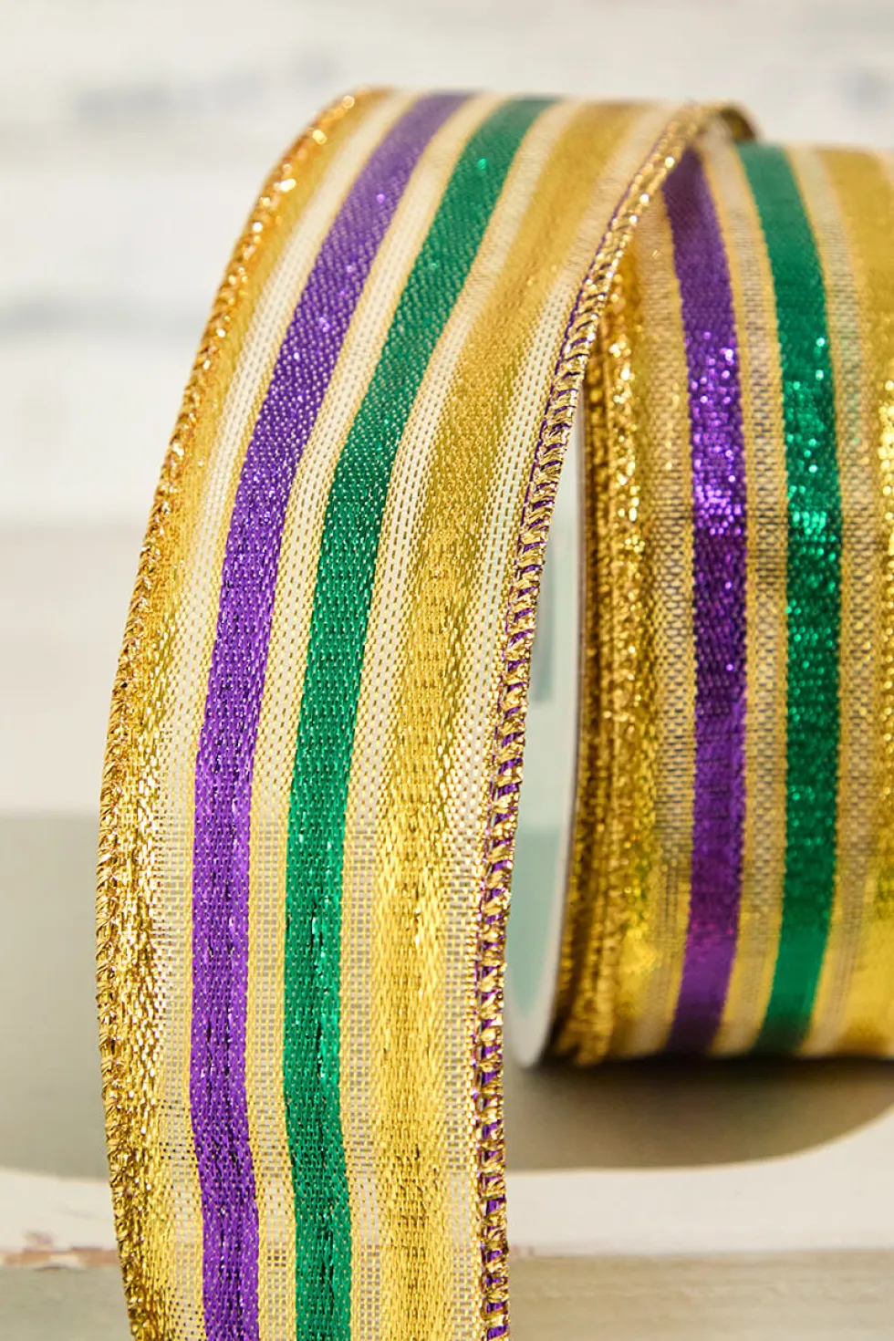 1.5" x 10 Yard Gold Green Purple Striped Ribbon