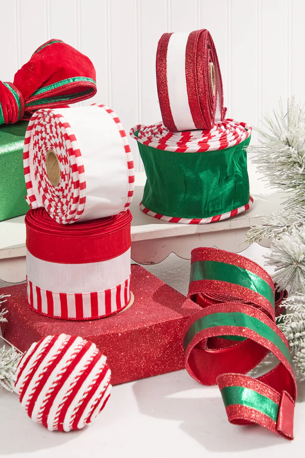 4" x 10 Yard Green Dupioni with Red & White Piping Ribbon