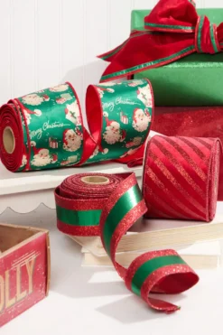 2.5" x 10 Yard Green Lamé with Red Glitter Stripe Ribbon