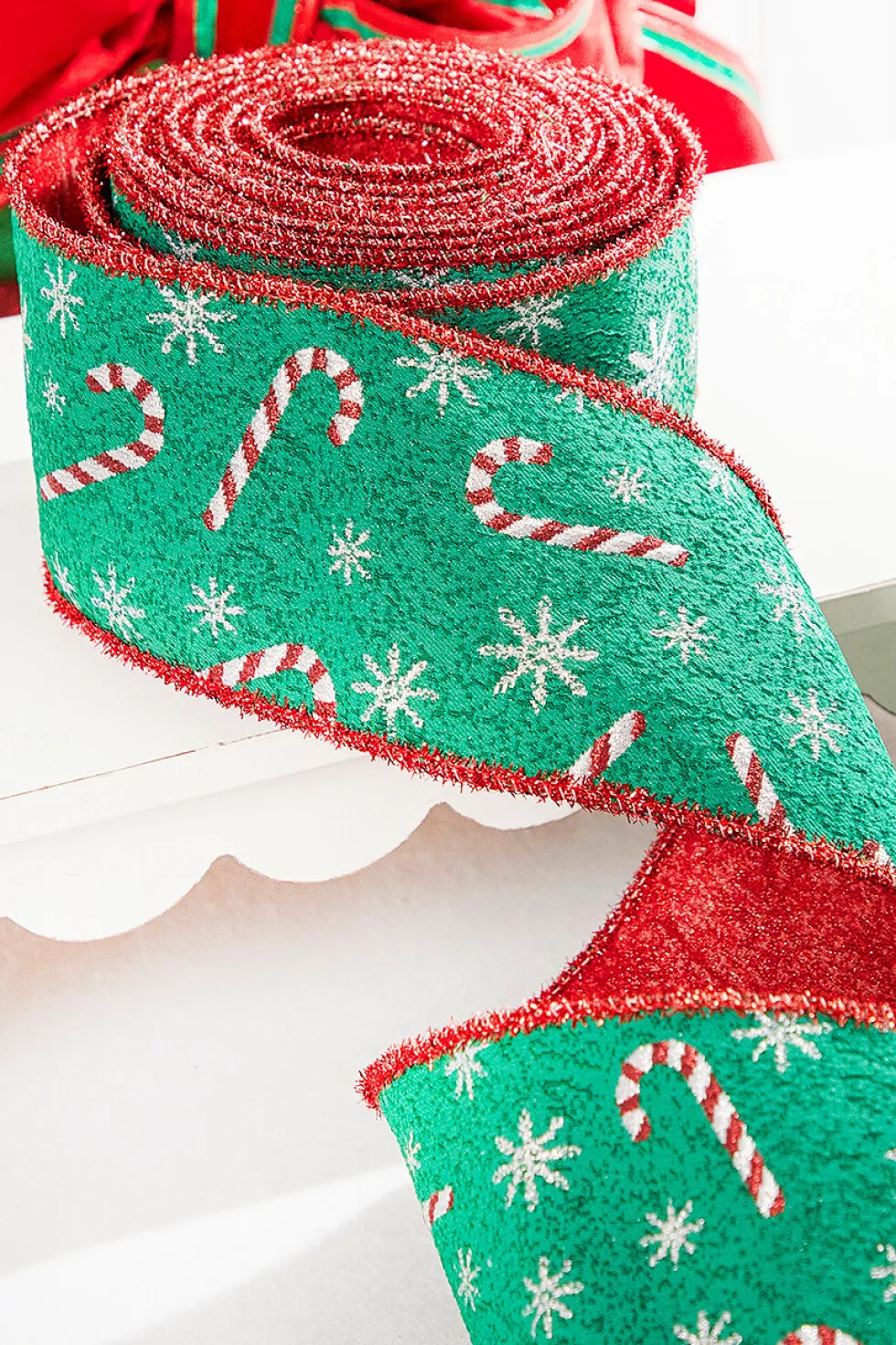 4" x 10 Yard Green/Red Candy Cane Jacquard Ribbon