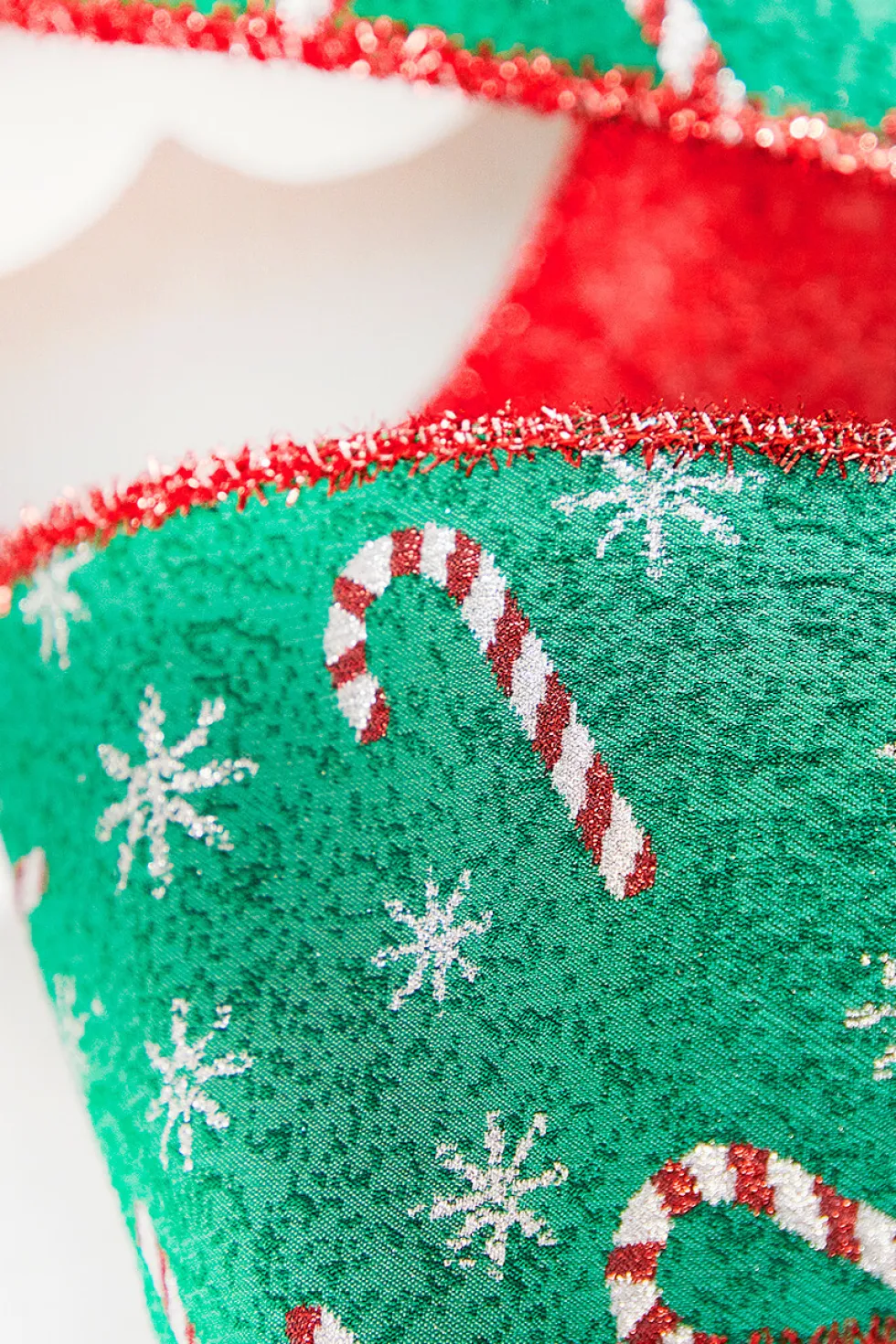 4" x 10 Yard Green/Red Candy Cane Jacquard Ribbon