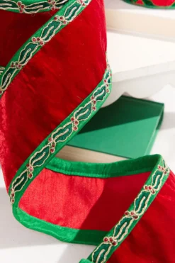 4" x 5 Yard Holly Leaves Edged Red Velvet Ribbon