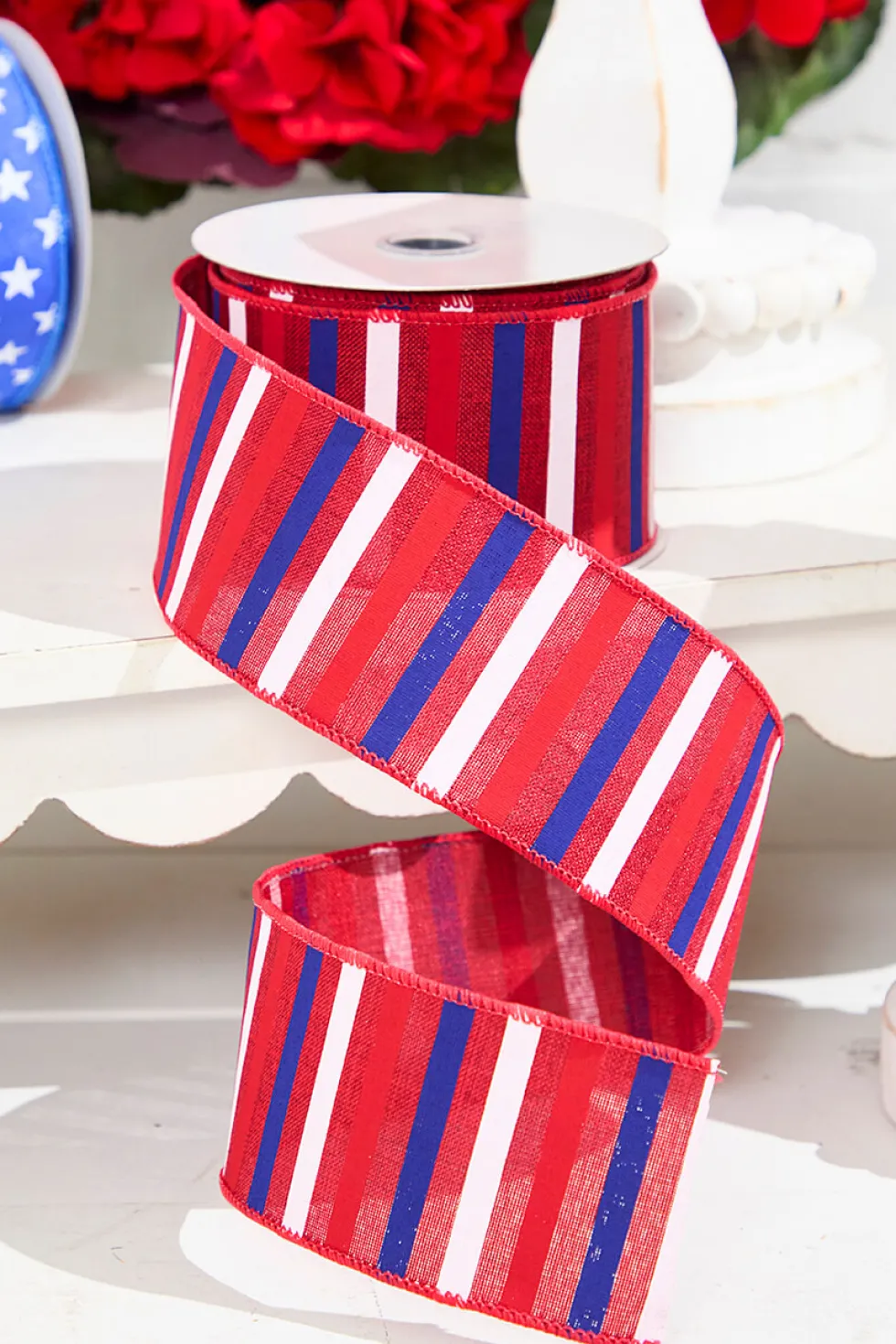 2.5" x 10 Yard Horizontal Stripe Red, White & Blue Ribbon