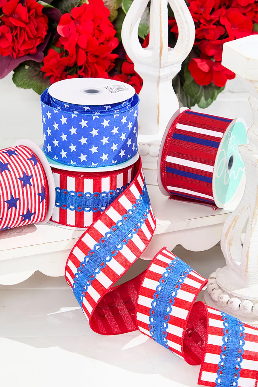 2.5" x 10 Yard Horizontal Stripe Red, White & Blue Ribbon
