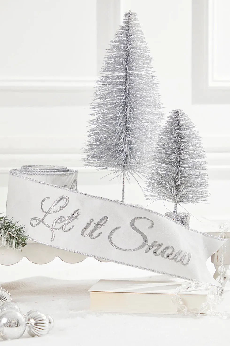 4" x 5 Yard Let It Snow White Embroidered Ribbon