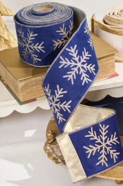 4" x 10 Yard Navy Velvet with Gold Snowflake Ribbon