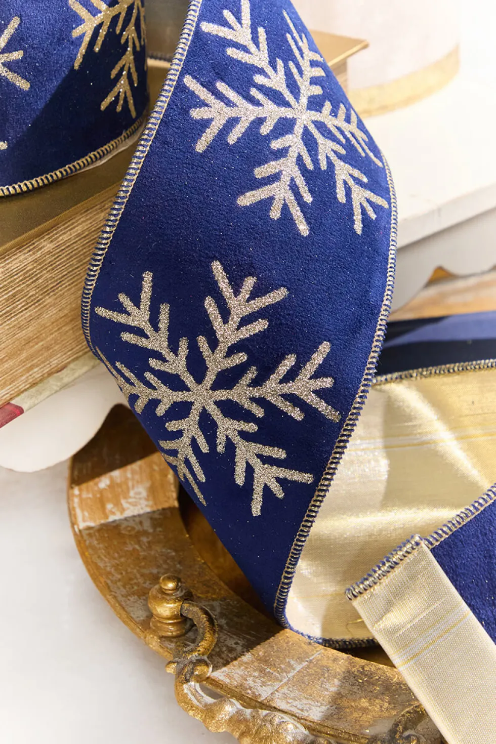4" x 10 Yard Navy Velvet with Gold Snowflake Ribbon
