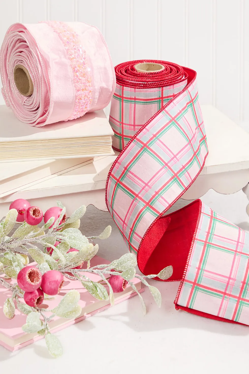 4" x 10 Yard Red/Green/Pink on White Plaid Ribbon