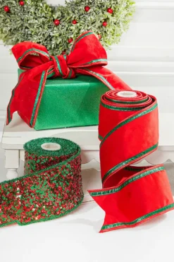 4" x 5 Yard Red/Green Sequin Dupioni Ribbon