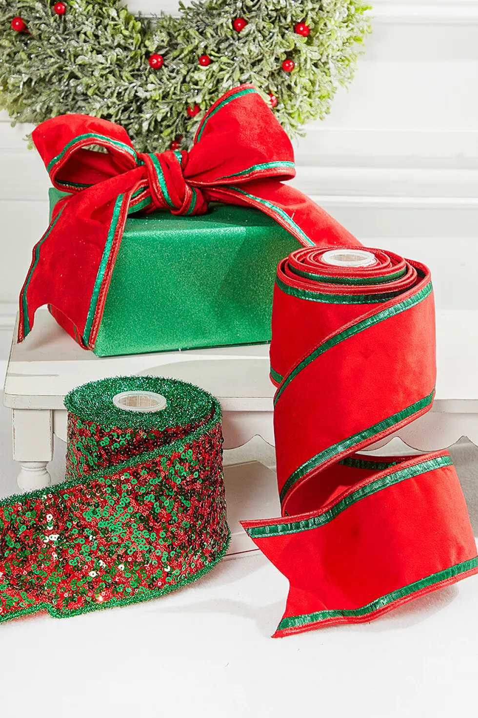4" x 5 Yard Red/Green Sequin Dupioni Ribbon