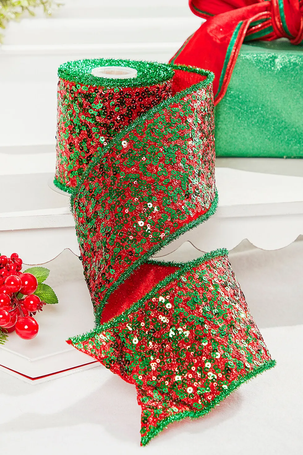 4" x 5 Yard Red/Green Sequin Dupioni Ribbon