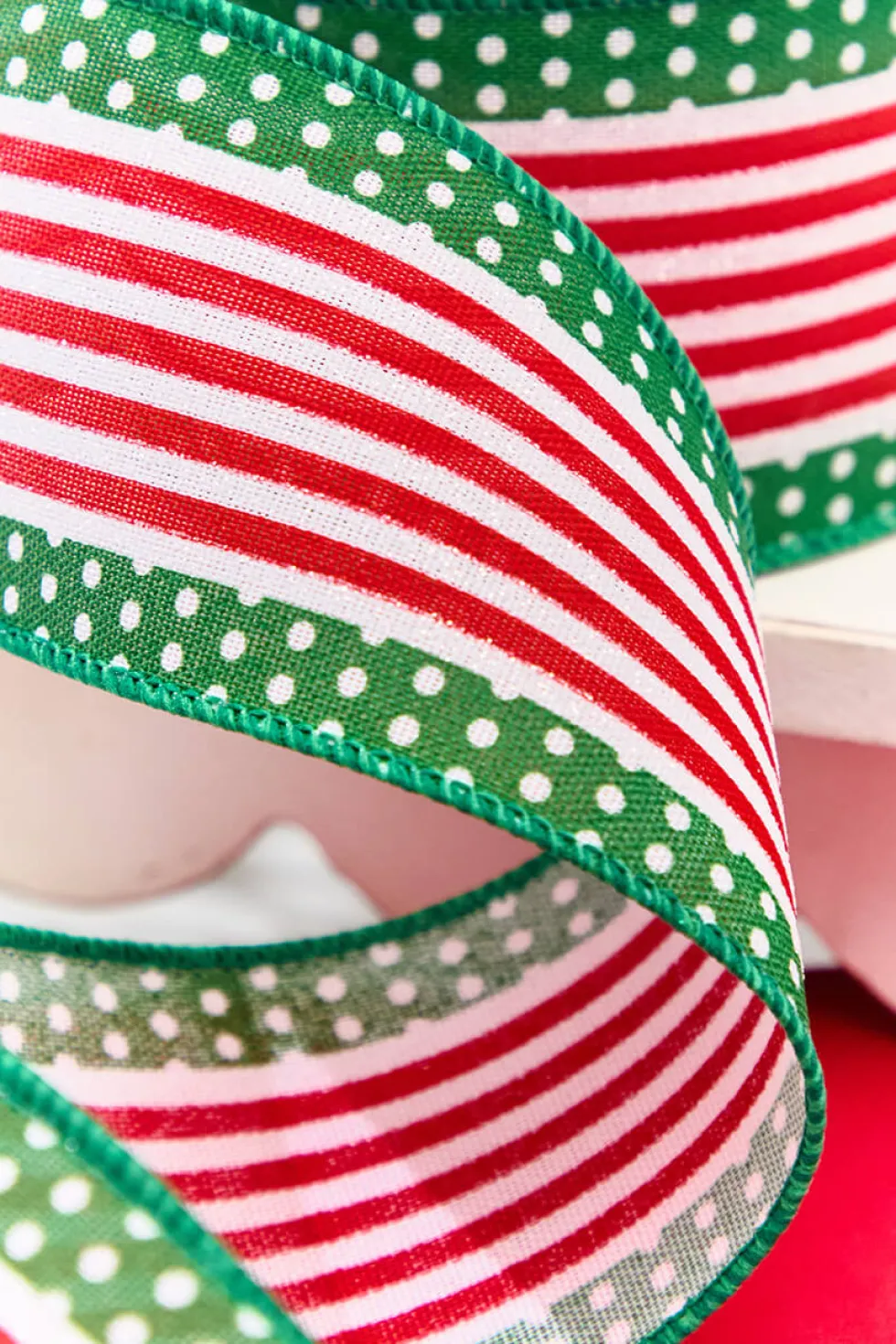 2.5" x 10 Yard Red & Green Stripes with Polka Dots Ribbon