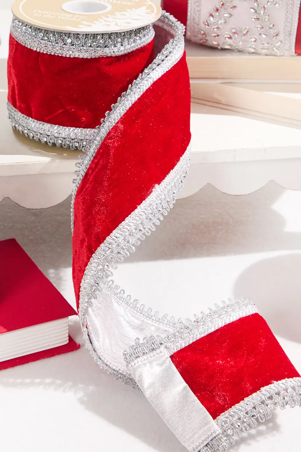 4" x 5 Yard Red Velvet with Silver Jewel Trim Ribbon