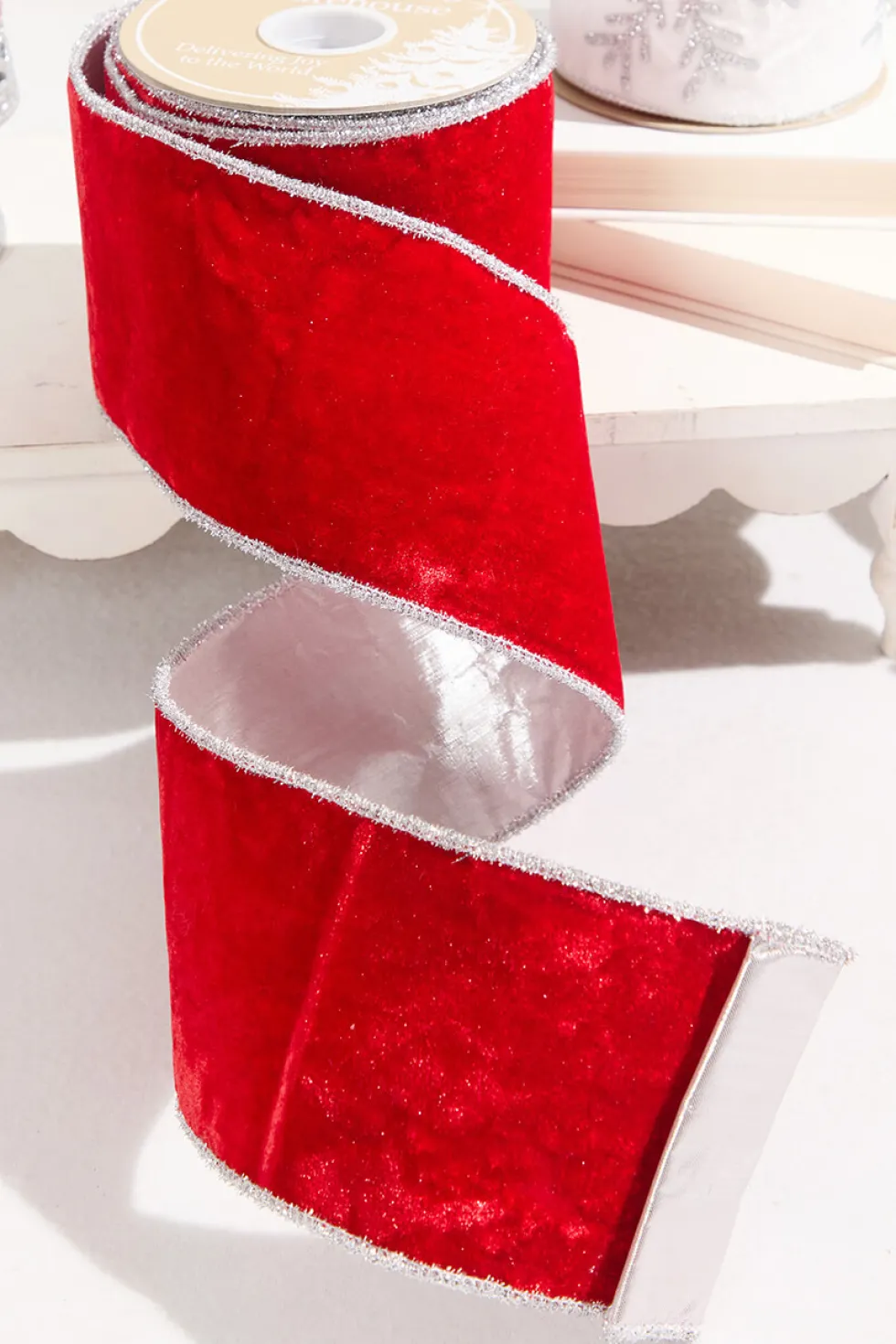4" x 10 Yard Red Velvet with Silver Tinsel Edge Ribbon