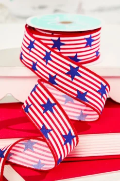 1.5" x 10 Yard Red & White Striped Ribbon with Blue Stars