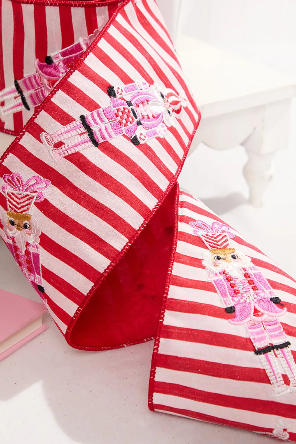 4" x 5 Yard Red & White Stripe with Embroidered Nutcracker Ribbon