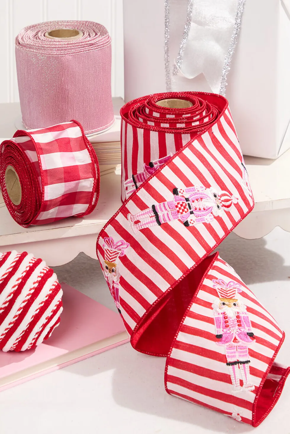 4" x 5 Yard Red & White Stripe with Embroidered Nutcracker Ribbon