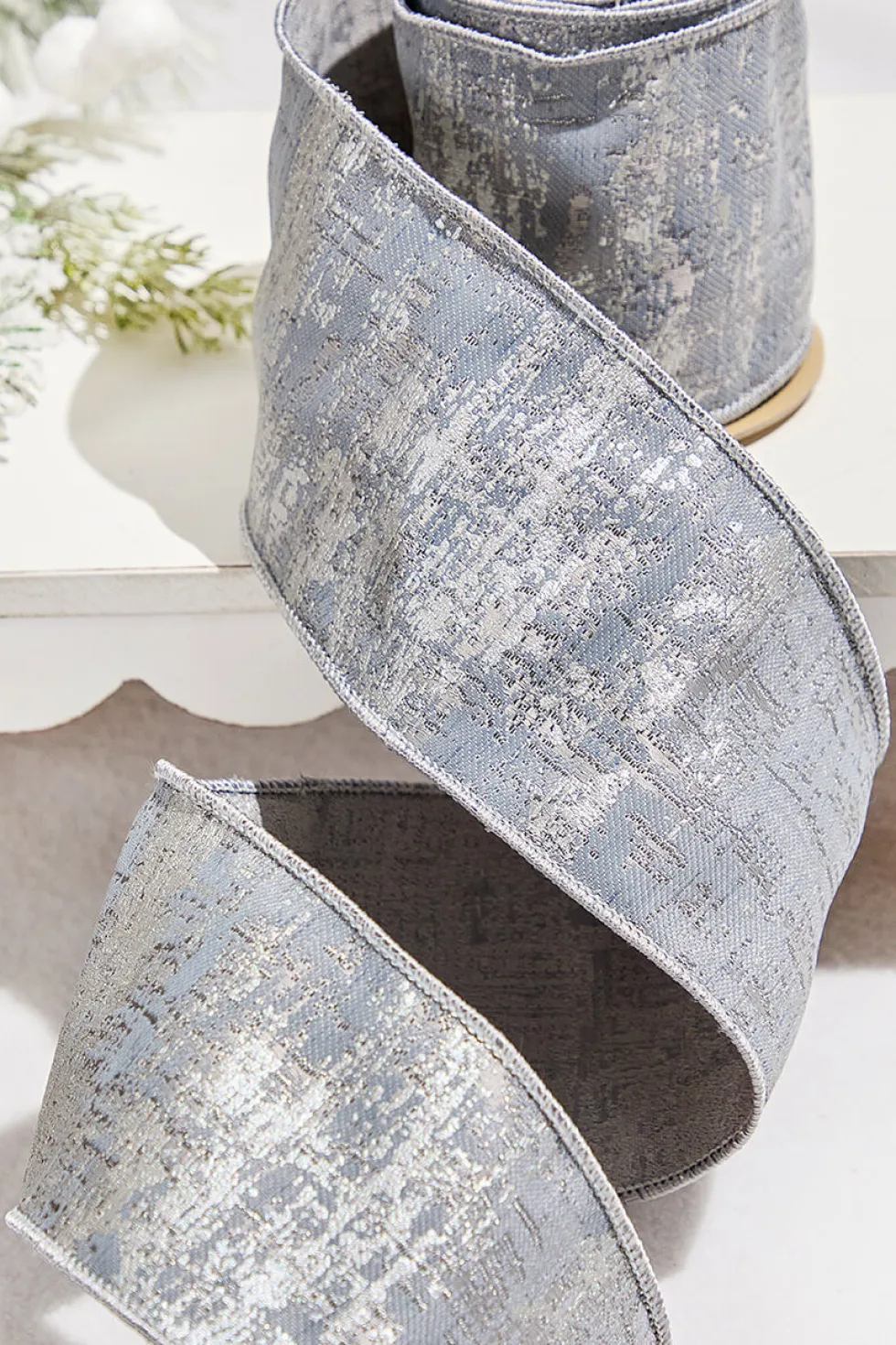 4" x 5 Yard Silver Jacquard Dupion Ribbon