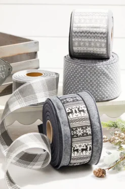 4” x 10 Yard Snowflake Knit Gray & White Ribbon