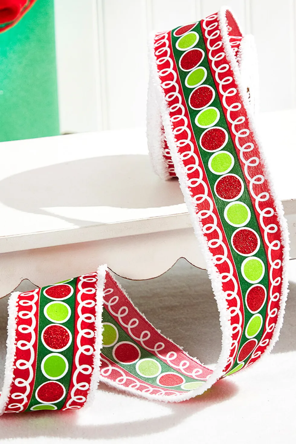 2.5" x 10 Yard Stripe Glitter Circle Drift Ribbon — Red/Green
