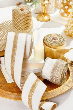 4" x 5 Yard White and Gold Velvet Ribbon